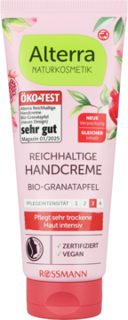 Różowa tubka Alterra Reichhaltige Handcreme Bio-Granatapfel, dla skóry bardzo suchej, wegańska, ÖKO-TEST bardzo dobrze.
