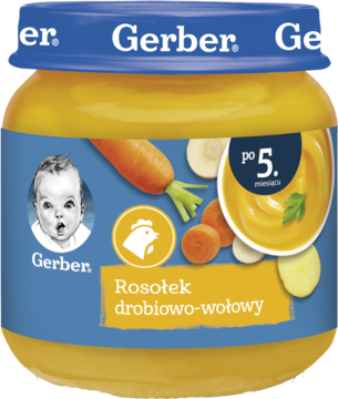 Gerber Rosołek drobiowo-wołowy, słoik dla niemowląt po 5. miesiącu, niebieska etykieta, widok z przodu.