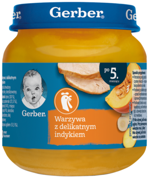 Słoiczek Gerber Warzywa z indykiem, 5+ miesięcy, widok z przodu. Pomarańczowo-niebieska etykieta z indykiem i dynią.