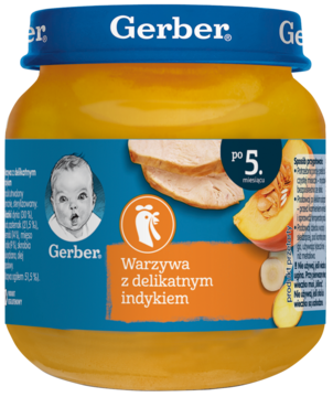 Słoiczek Gerber Warzywa z indykiem, 5+ miesięcy, widok z przodu. Pomarańczowo-niebieska etykieta z indykiem i dynią.