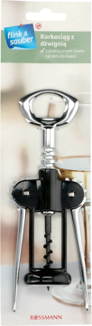 Korkociąg z dźwignią flink & sauber, chromowany i czarny, widok w opakowaniu detalicznym Rossmann.
