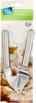Wyciskacz do czosnku Rossmann Flink & Sauber ze stali nierdzewnej, pakowany w blister z grafiką czosnku.
