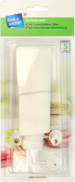 Biały rękaw cukierniczy Flink & Sauber z 5 tylkami do dekoracji, widoczny w przezroczystym blistrze.