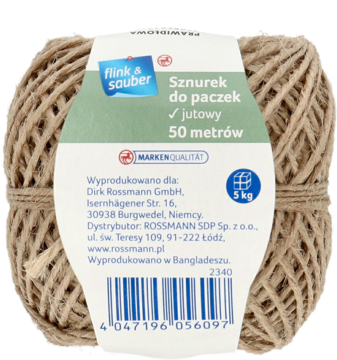 Rolka naturalnego, beżowego sznurka jutowego do paczek 50m, z tyłem etykiety producenta Rossmann.
