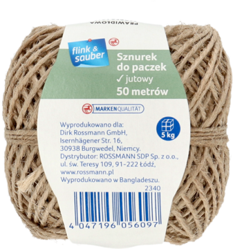 Rolka naturalnego, beżowego sznurka jutowego do paczek 50m, z tyłem etykiety producenta Rossmann.