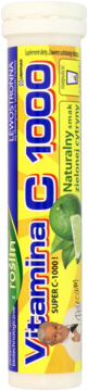Biała tuba Vitamina C 1000 tabletki musujące, żółta etykieta z cytryną i napisem smak zielonej cytryny.