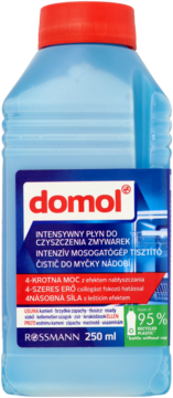 domol intensywny płyn do zmywarek w niebieskiej butelce 250 ml, z czerwoną nakrętką, 95% recyklingu.