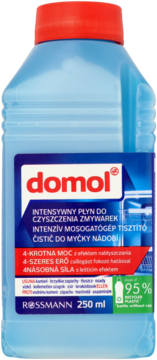 domol intensywny płyn do zmywarek w niebieskiej butelce 250 ml, z czerwoną nakrętką, 95% recyklingu.