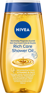 NIVEA Rich Care Shower Oil z 55% naturalnych olejk&oacute;w, złoty płyn w butelce z niebieską nakrętką. Widok z przodu.