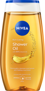 NIVEA Rich Caring Shower Oil z 55% naturalnych olejków, bursztynowa butelka, biało-niebieska nakrętka, widok z przodu.