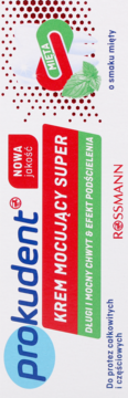 Prokudent Super mocujący krem do protez o miętowym smaku, z długim i mocnym chwytem, biało-czerwone opakowanie.