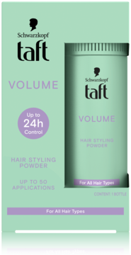 Puder Schwarzkopf Taft Volume do włosów, jasnozielone pudełko z napisem 24h Control, widok z przodu.