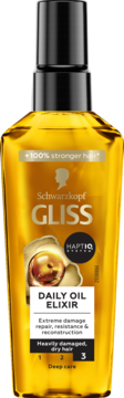 Schwarzkopf GLISS Daily Oil Elixir, złoty olejek do włosów zniszczonych, w przezroczystej butelce, widok z przodu.