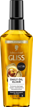 Schwarzkopf GLISS Daily Oil Elixir, złoty olejek do włosów zniszczonych, w przezroczystej butelce, widok z przodu.