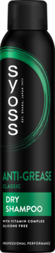 Syoss Anti-Grease Classic Dry Shampoo z kompleksem witamin w czarnej butelce, widok z przodu.