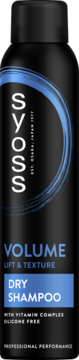 Czarny suchy szampon Syoss Volume Lift & Texture w butelce spray, z niebieskim napisem i logo, widok z przodu.