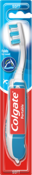 Colgate Portable składana szczoteczka soft w blistrze, biało-niebieska, z napisem Travel, widok z przodu.