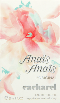 Przód białego pudełka Anaïs Anaïs L'Original Cacharel, woda toaletowa z różowymi kwiatami i srebrnym napisem.
