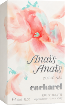Anaïs Anaïs L'Original Cacharel Eau de Toilette 30ml, białe pudełko w pastelowe różowo-zielone kwiaty, widok z przodu.