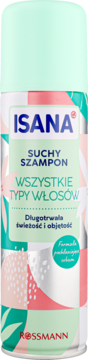 Jasnozielony suchy szampon ISANA do wszystkich typów włosów, w butelce z różowo-srebrnym wzorem, widok z przodu.
