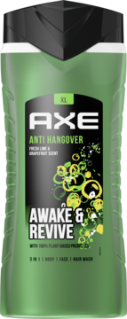 Zielona butelka żelu AXE Anti Hangover 3w1, z czarną etykietą 'Awake & Revive' i 'Fresh Lime & Grapefruit'.