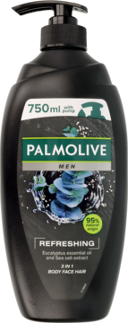 Czarna butelka Palmolive Men Refreshing z eukaliptusem i solą morską, 3w1, widok z przodu.