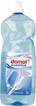Duża niebieska butelka Domol Nabłyszczacz do zmywarek 1L, z biało-niebieską etykietą z grafiką sztućców.