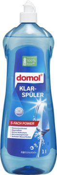 Domol Klarspüler nabłyszczacz do zmywarek w niebieskiej butelce 1L z białą nakrętką, widok z przodu.