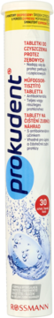 Prokudent med: 30 tabletek do czyszczenia protez w białej tubie, widok z przodu z grafiką bąbelków.