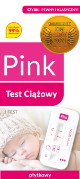 Pink Test Ciążowy płytkowy z wynikiem pozytywnym, śpiącym dzieckiem i złotą nagrodą jakości.
