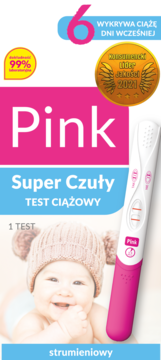 Różowy test ciążowy Pink Super Czuły, strumieniowy. Opakowanie z niemowlakiem, wykrywa ciążę 6 dni wcześniej, 99%.