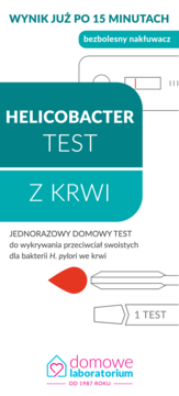 Helicobacter Test: domowy test z krwi na H. pylori. Turkusowe opakowanie z kroplą krwi i testem.
