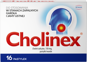 Białe pudełko leku Cholinex na zapalenie gardła, widok z przodu, czerwony napis, grafika głowy, 16 pastylek.