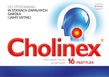 Cholinex 16 pastylek na ból gardła, biało-niebieskie opakowanie z grafiką głowy, widok z przodu.