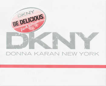 Białe pudełko perfum DKNY Be Delicious Fresh Blossom z dużym logo, różową naklejką i czerwoną linią, widok z przodu.
