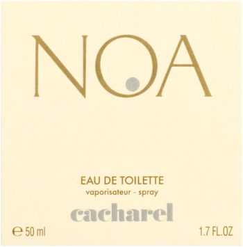 Opakowanie Noa Cacharel Eau de Toilette 50ml, kremowe tło, złoty napis NOA z kropką w O, widok z przodu.