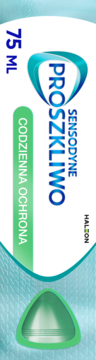 Sensodyne ProSzkliwo 75 ml. Białe pionowe opakowanie z niebieskimi napisami i zielonym paskiem "Codzienna Ochrona", widok z przodu.