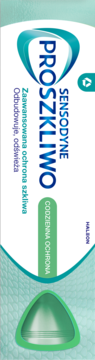 Pionowe opakowanie pasty Sensodyne ProSzkliwo, białe z zielonymi akcentami, codzienna ochrona szkliwa.