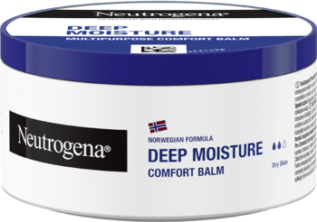 Balsam Neutrogena Deep Moisture Comfort Balm do suchej skóry, biały słoik, granatowa zakrętka, widok pod kątem.
