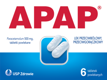 Białoniebieskie opakowanie leku APAP, z widokiem dwóch białych tabletek i opisem Paracetamol 500 mg.