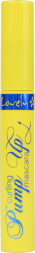 Yellow cylindrical Lovely Super curling mascara tube, featuring a blue band and detailed script on the body.