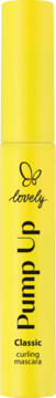 Żółta maskara Lovely Pump Up Classic Curling Mascara, pionowa tuba z czarnymi napisami.