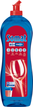 Niebieska butelka nabłyszczacza Somat 5in1 RINSER z czerwoną etykietą i dozownikiem, widok z przodu.