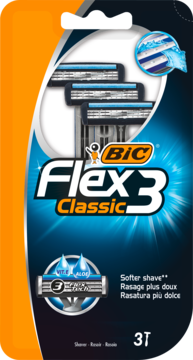 Opakowanie z 3 golarkami BIC Flex 3 Classic, z 3 ruchomymi ostrzami, aloesem i witaminą E, widok z przodu.