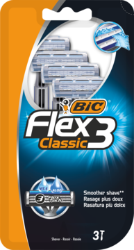 Przód opakowania 3 golarek męskich BIC Flex 3 Classic. Ruchome ostrza, aloes i witamina E dla gładkiego golenia.