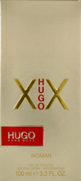 Beżowe pudełko perfum Hugo Boss XX Woman, złote litery XX z pionowym czerwonym HUGO, widok z przodu.
