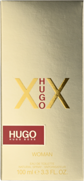 Hugo Boss XX Woman woda toaletowa, złote opakowanie z czerwoną etykietą, widok z przodu. 100 ml.