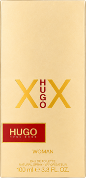 Złote pudełko perfum Hugo XX Woman EDT 100ml. Widok z przodu z dużym złotym 'XX' i czerwonym napisem HUGO.