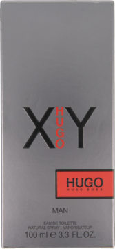 Szarosrebrne pudełko Hugo Boss XY Man Eau de Toilette, widok z przodu, z czarnym napisem XY i czerwonym logo.