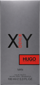 Srebrno-szare opakowanie Hugo XY Man Eau de Toilette 100ml. Czerwone logo Hugo Boss i napis XY na froncie.